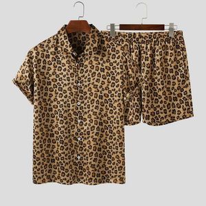 T-shirts Män 2 stycken Satser Lapel Leopard Tryckt Kortärmad tröja för Casual Beach Shorts Streetwear Hawaiian Kläder