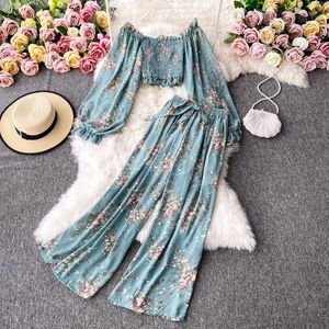 Fashion Ruffles two piece set pants Suit Autumn Floral Chiffon Short Top with High Waist Wide Leg Pants Two Piece womens 210420