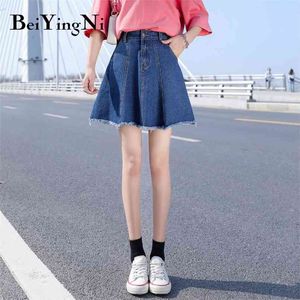 En linje mini jeans kjolar kvinna hög midja koreanska patchwork preppy tofs plus storlek denim kjol för tjejer faldas 5xl 210506
