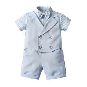 Two-Piece Set For Baby Boys Gentleman Style Clothing Sets Summer Cotton Boy Short Sleeve Plaid Shirt With Bowtie+Shorts Kids Suits Children Casual Outfits