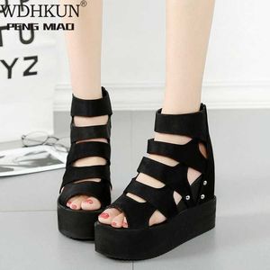 Nowy 2021 Nowe Sandały Super Wysokość Heel Heel Wzrost Muffin Grube Bottom Wedge Heel Hollow Fish Mouth Women Sandals 2020 Y0721