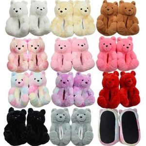 Mulheres Chinelos de Pelúcia Casa Indoor Soft Anti-Slip Faux Peles Chinelos Bonitos Inverno Sapatos Quentes dos Desenhos Animados Urso De Pelúcia Desenhos Animados 211023