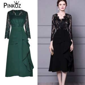 elegant vintage dark green ruffles patchwork midi dress for women casual office lady lace high waist dresses robe fashion 210421