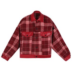 Kvinnor Röd Plaid Jacka Slå ner Krage PU Läder Patchwork Button Single Breasted C0045 210514