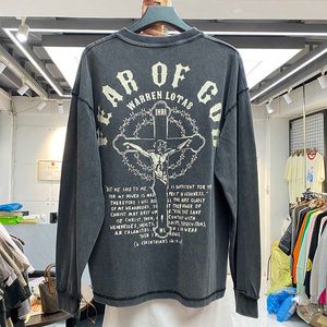 Men's T-Shirts High street tide brand letter printed Jesus Limited washing water used thin sweater long sleeved T-shirt