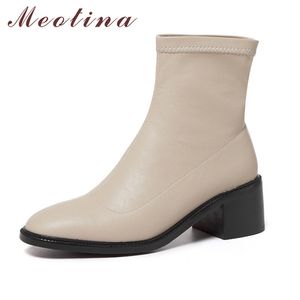 Meotina Ayak Bileği Çizmeler Kadın Ayakkabı Yüksek Topuk Slip-On Kısa Çizmeler Yuvarlak Toe Blok Topuklu Bayan Çizmeler Sonbahar Bej Siyah Boyutu 34-39 210520