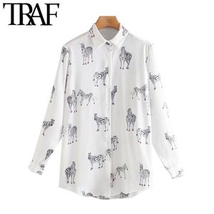 TRAF Kadınlar Moda Hayvan Baskı Gevşek Bluzlar Vintage Uzun Kollu Button-Up Kadın Gömlek Blusas Chic Tops 210415