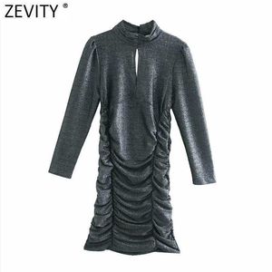 Zevity Women TurtleNeck襟メタリックカラースリミングプリーツミニドレスFemme長袖フロントホールvestido布DS4693 210603