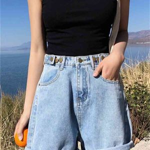 Casual solta Básico Light Blue cintura alta Verão botão da forma Chegada Mulheres Feminino Shorts 210522
