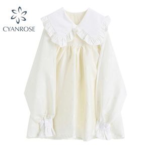 peter pan collar Women White dress Spring Autumn Sweet Literary Vintage Solid Loose Long Sleeve Korean Mori Girl Dress 210515