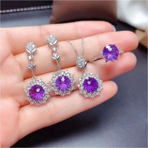 Wedding Engagement Ring Jewelry Amethyst Pendant Earring Set Fire Color Explosion Flash Fireworks Cut Necklace Pt950 WH157