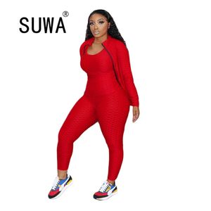 Activewear Tracksuit Women 3 Piece Sporty Suits Skinny Tank Tops+Bodycon Jogger Sweatpants+long Sleeve Zipper Coat Matching Sets 210525