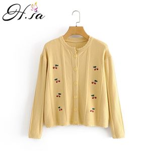 Women Sweet Cardigans Cherry Embroidery Loose Yellow Sweaters Knitwear Winter Clothes Pink Jumper ropa mujer 210430