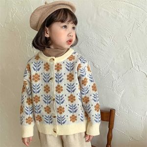 Girls Floral Knitted Sweater Autumn Children's Cardigan Knitwear Cotton Clothes Baby Kids Outwear Jacket Tops 211201