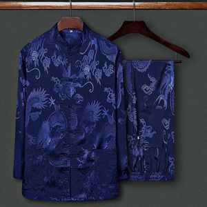 Tang Suit (Shirt+Pants) Shirt Mens Chinese Style Casual Shirts Men Kung Fu Uniform T-Shirt Mandarin Collar Long Sleeve Dragon 210524