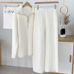 Autumn Winter White Knitted Wide Leg Pants Women High Waist Straight Loose Casual Black Stand Zipper Sweaters Tops Knitwear Wild 210610