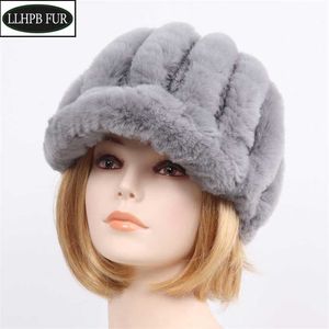 Ryska Lady Good Elastic Real Rex Kanin Fur Hattor Vinter Kvinnor Varma Blommor Äkta Kepsar Sticka 100% Natural Beanies Hat 211119