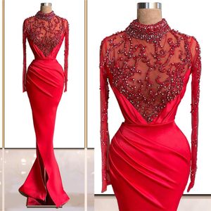 Vestidos de Noche rojos de lujo, vestido de fiesta de sirena con cuentas y apliques de encaje de manga larga, vestidos de fiesta formales hechos a medida