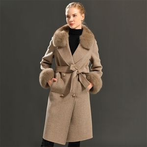Women's Wool Coat Spring Real Fur Collar Woolen Jacket Adjustable Waist Slim Ladies Long Overcoat 211106