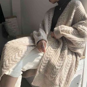 Autumn and Winter Retro Elegant Cardigans women Thick Loose Twist Linen Flower Color Midi Knitted Cardigan Sweater Women's Coat 210508