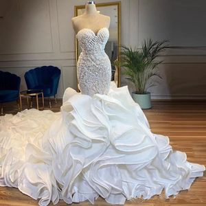 Cascading Ruffles Cathedral Train Mermaid Wedding Dresses 2022 Sweetheart Lace-up Corset Back Beaded Arabic Church Wedding Gown