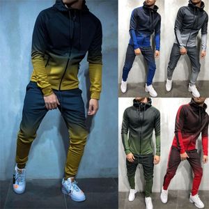 أزياء الرجال الياقة المدورة تغيير تدريجي اللون رياضية مجموعة هوديي أعلى عالية الخصر قيعان ركض رياضة عادي البريدي جيوب سليم صالح X0610