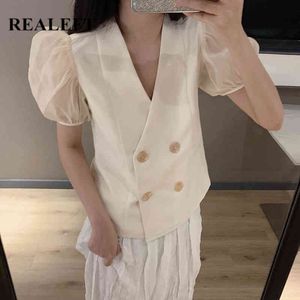 Arrival Bubble Sleeves Women's Shirt Elegant Korean Style V Neck Double Breasted Casual Loose Blouses Female 210428