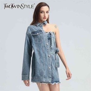 Vestido de denim patchwork para mulheres lapela manga comprida um fora mais pesado oco out azul mini vestidos feminino roupa 210520