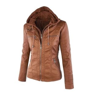 Grundläggande PU Läderjacka Kvinnor Snygg Långärmad Fast Färg Zipper Avtagbar Hooded Kvinna Vinter Motorcykel Coat 211112