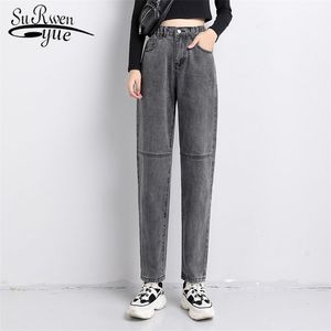 Vintage hög midja jeans mode kvinnor höst löst kontor dam denim byxor chic med blå grå 10736 210510