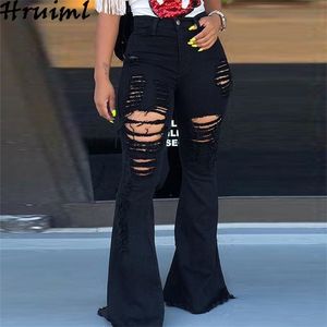 Denim Flare Spodnie damskie Fall Fashion High Waist Hole Solid dżinsy Casual Streetwear Plus Size Sexy Długie Spodnie 210513