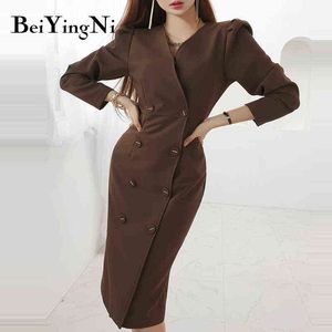 Beiyingni Primavera Autunno Stile Coreano OL Vestito Longuette Donna Solid Vintage Doppio Petto Vita Sottile Abito Elegante Abiti Femminili Y1204