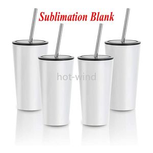 16oz Tapered Sublimation Blank Vit Tumbler Rostfritt Stål Kaffe Tea Vin Muggar Med Metall Straw och Lock FY5074 EE