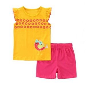 Hoppmätare Baby bomullskläder för sommarflickor Söt fågelbroderi 2 st Fashion Outfits Top + Shorts 210529