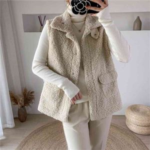 Winter colete jaquetas de lã de cordeiro engrossar warm waistcoat mulheres recolher colarinho botão escondido bolsos outwear sem mangas 210817