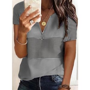 Summer Short-sleeved T-shirt Stitching Striped V-neck Women's Top Loose Casual Zipper Neckline Tops Fashion Shirt for Women 210623