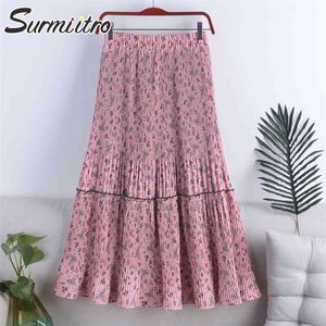 Summer Midi Skirts Women Korean Style Vintage Pink Floral Print Aesthetic High Waist Long Pleated Skirt Female 210421