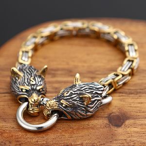 Norse Viking Wolf Headブレスレット男性は決してフェードステンレス鋼ゴールドスクエアキングチェーンバングルストリートカルチャーアクセサリージュエリー