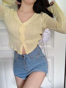 Malhas das mulheres T-shirt Cardigan Cardigan Candy Color V-Neck Button Fino curto de manga longa Sunscreen Top Atacado Outono Roupa feminina