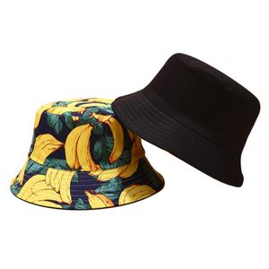 Män Kvinnor Stingy Brim Hattar Bucket Cap Banana Print Gul Keps Hip Hop Fiske Fisherman Hat Double Side Wear