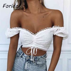 Vit Lace Embriodery Cotton Blouse Toppar Puff Sleeve Upp Ruched Crop Hollow Out Söt Sommar Top 210427