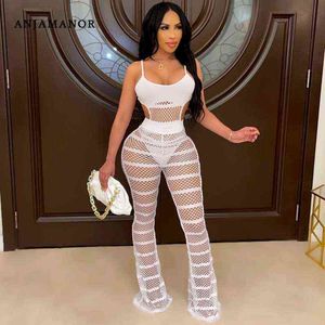 ANJAMANOR White Mesh See Through Jumpsuits Sexy Club Outfits Fall Fashion 2pcs Set Women Matching Pants Sets D57-EC30 211115