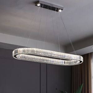 Modernt matbord LED Dimmable Pendant Lampor med fjärrkontroll K9 Kristaller LUSTER Oval guldstål Hängande lampa LED Lysande