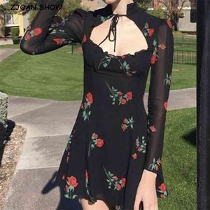 Vintage France Style Rose Print Hollow Out Women Dress Black Long sleeve Lacing up Collar Slim Girl's Mini Dresses 210429