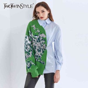 Kadınlar için Baskı Gömlek Yaka Yaka Uzun Kollu Patchwork Hit Renk Payetli Gevşek Bluz Kadın Sonbahar Giysileri 210524