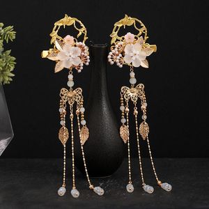 Hårklipp Barrettes Gold Hairpin Flower Faux Pearl Decorated Super Nobility lämnar Tassel Step Shake Hanfu Wedding Dress Accessories Helh