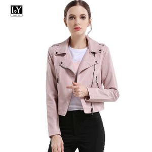 Ly Varey Lin Women Motorcycle Pu Leather Jacket Epaulet Zipper Faux Soft Outerwear Pink Biker Coat 210526