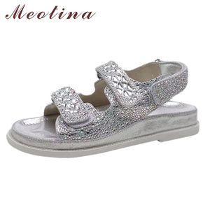 Meotina Flat Sandals Design Shoes Genuine Leather Women Sandals Flat Platform Sliver Crystal Shoes Fashion Footwear Size 40 210520