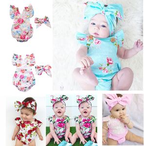 Baby Girl Floral Rompers Bodysuit med huvudband Ruffles Sleeve 2pcs Set Knappar Sommar Ins Romper Passar 6 stilar