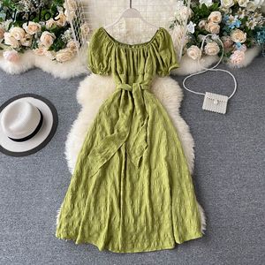 Neploe Dress Women French Square Collar Puff Sleeve Vestidos Vintage Sashes Slim Waist Mid Calf A Line Dresses Femme 1E189 210423